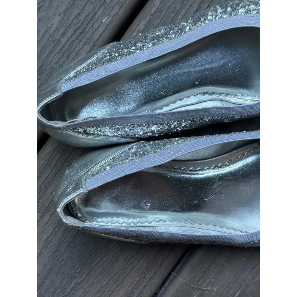 Lands’ End Girl’s US 4M Silver Sparkle Cameron Classic Captoe Ballet Flats Shoes